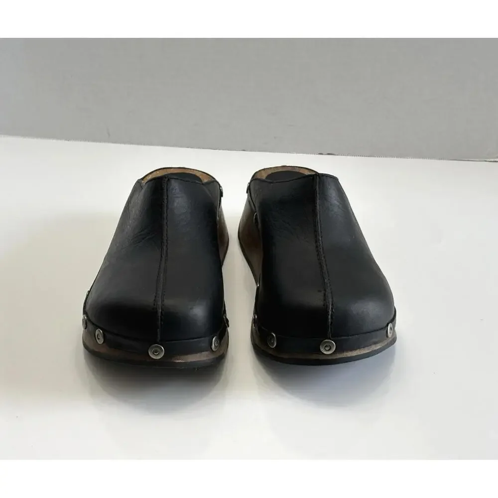 Rare Canyon River Blues Gordon Womens 7M Black Leather Wooden Sole Comfort Clogs - Picture 4 of 16